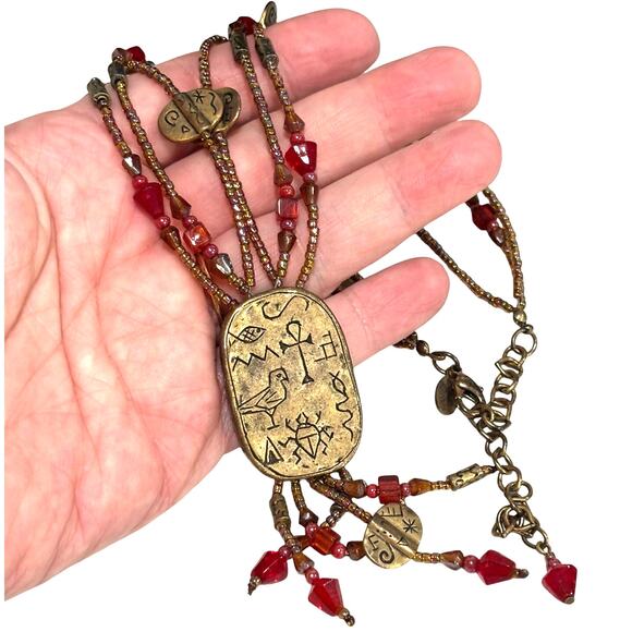 Chico’s unique beaded multistrand pendant necklace tassels red & goldtone - Picture 5 of 7